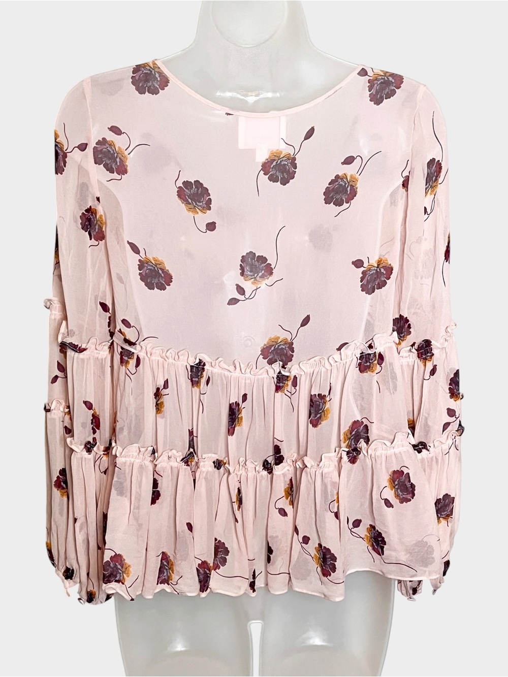 CINQ À SEPT 5a7 Blush Pink Floral Sheer Tiered Boho Blouse XS Romantic Feminine - Picture 3 of 4